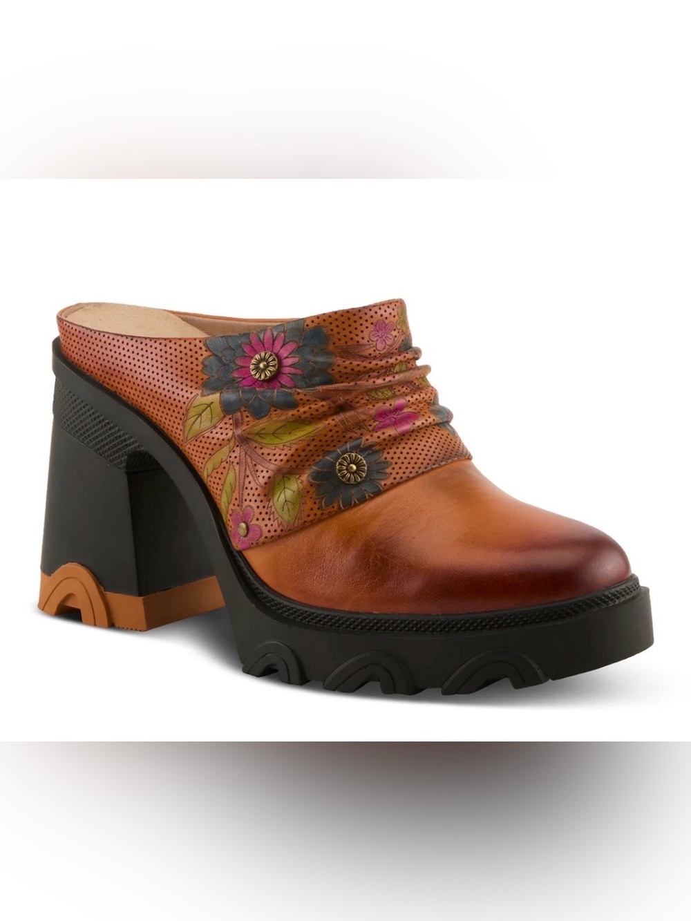 L'ATISTE Brown Leather Floral Clog Mule with Black Platform